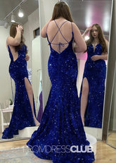 Lilith |Plue Size Royal Blue Long Prom Dresses Near Me With Sequin Strapless V Neck Mermaid Slit - Price #price_variant_lowest# - Royal Blue - PromDressClub